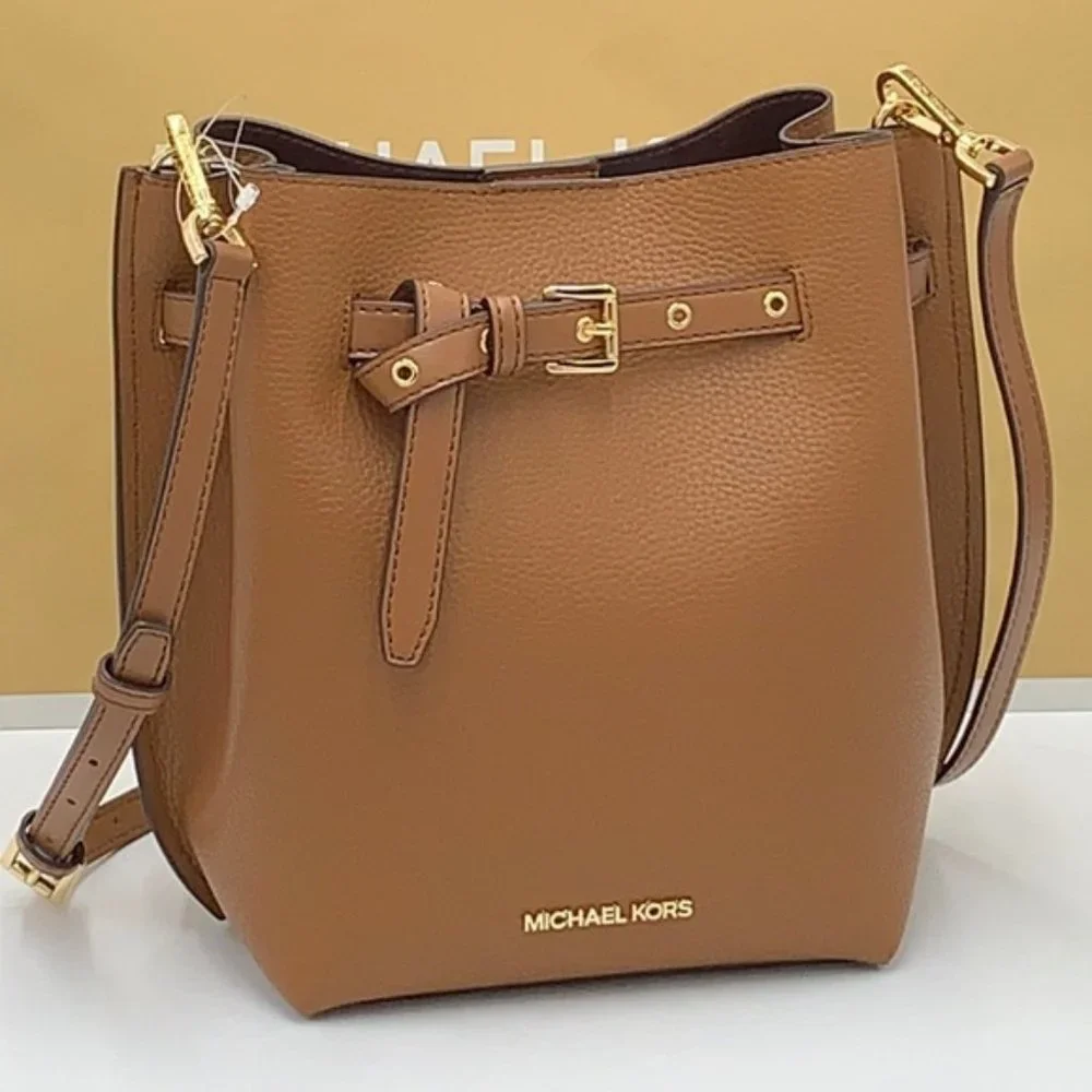 Michael Kors Emilia Small Bucket Bag Messenger Leather Luggage - Picture 2 of 15